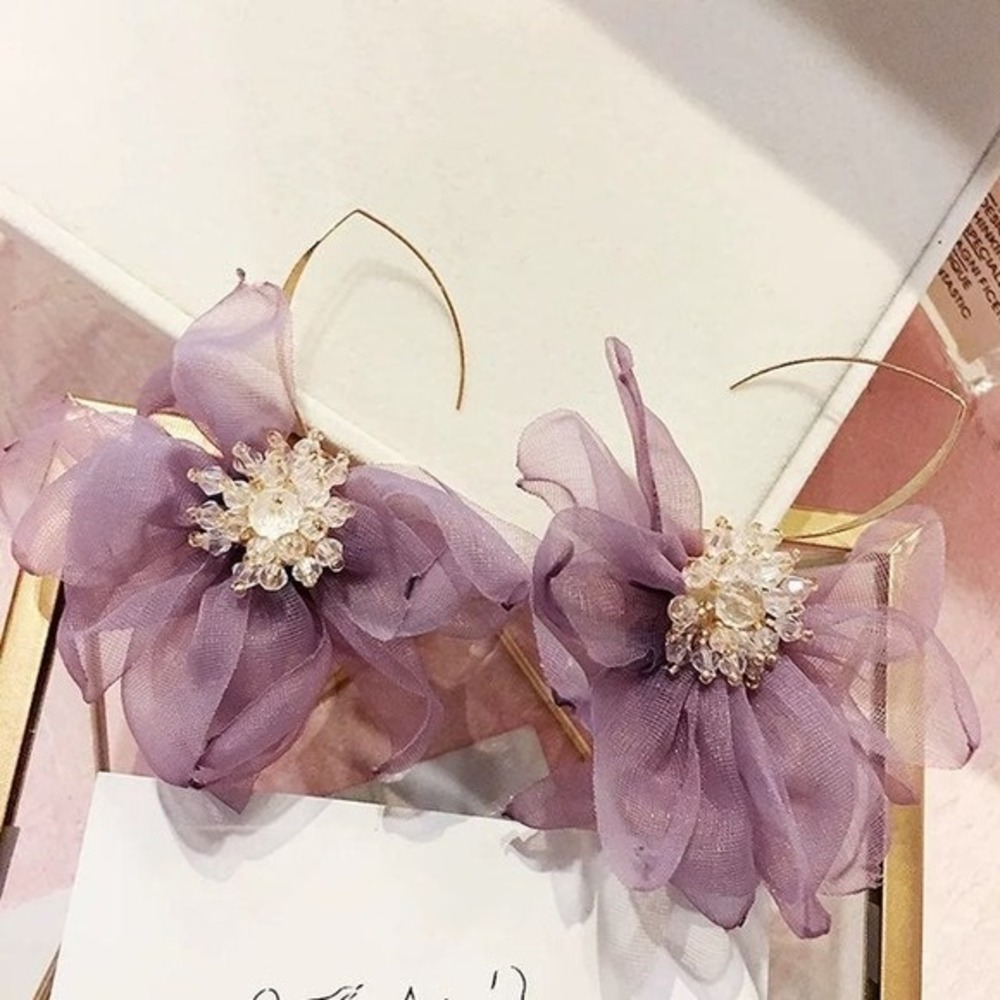 Elegant Purple Floral Dangle Earrings with Sheer‎ Fabric Petals, Statement New